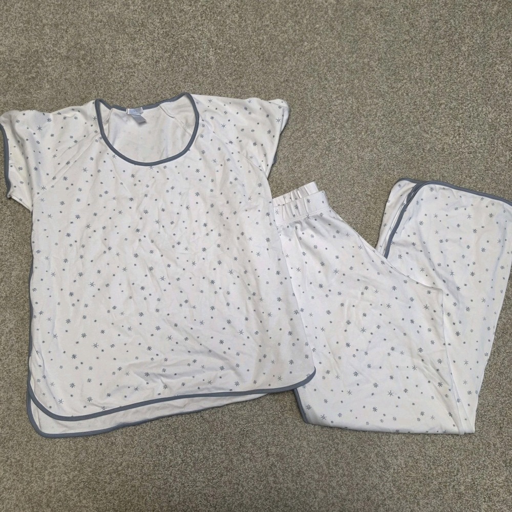 LAKE Pajama Set Women's MED White Blue Snowflake Print Short Sleeve Lounge Set